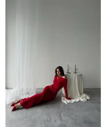 Kayık Yaka Uzun Kurdele Elbise