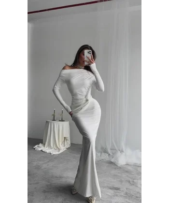 Kayık Yaka Uzun Kurdele Elbise