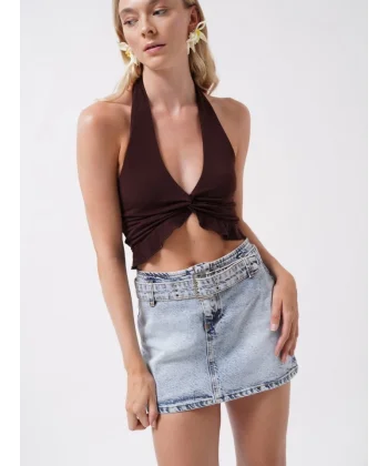 Kemer Detay Denim Mini Etek