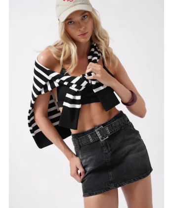 Kemer Detay Denim Mini Etek