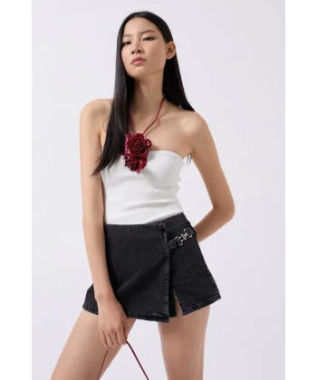Kemer Detay Denim Şort Etek