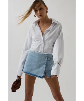 Kemer Detay Denim Şort Etek