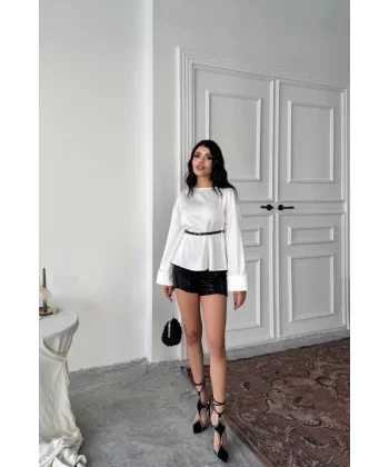 KEMER DETAYLI SATEN BLUZ - Beyaz