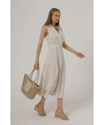 Kemerli Çizgili Elbise - Taş