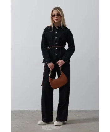 Kemerli Denim Takım - Mavi