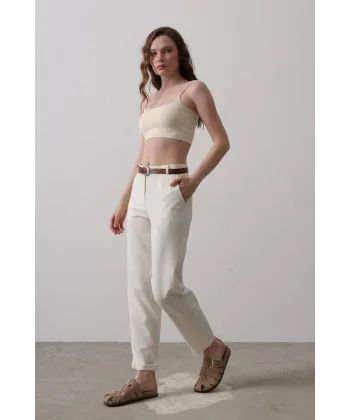 Kemerli Havuç Pantolon - Ekru