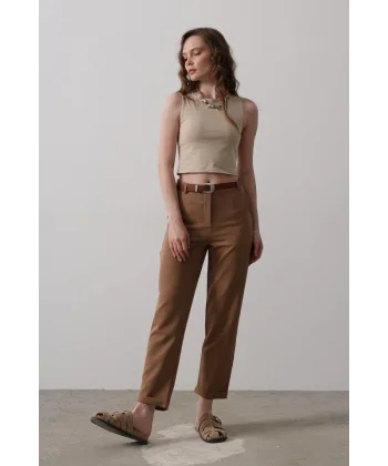 Kemerli Havuç Pantolon - Taba