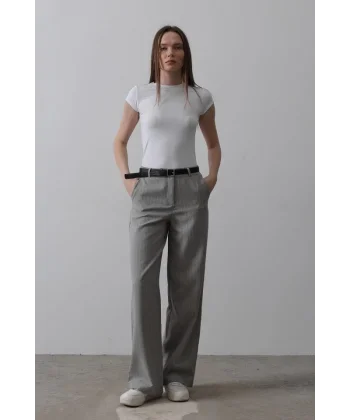 Kemerli Palazzo Pantolon - Gri-Beyaz