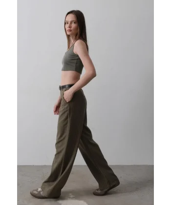 Kemerli Palazzo Pantolon - Haki-Beyaz