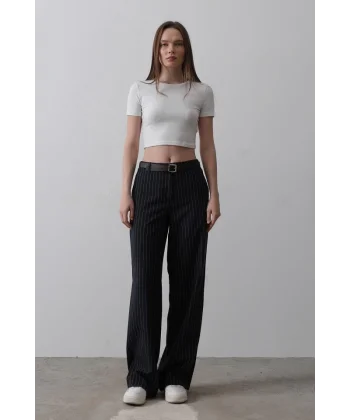 Kemerli Palazzo Pantolon - Lacivert-Beyaz