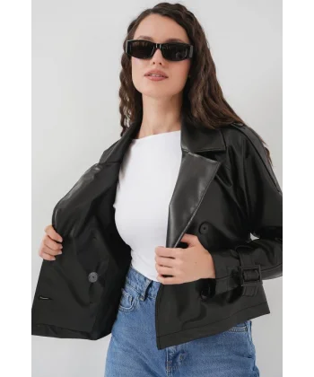 Kemerli Siyah Suni Deri Ceket 0698