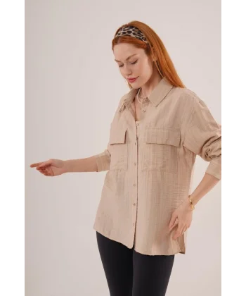Kendinden Çizgili Cepli Ve Düğmeli Bej Gömlek