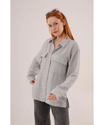 Kendinden Çizgili Cepli Ve Düğmeli Gri Gömlek