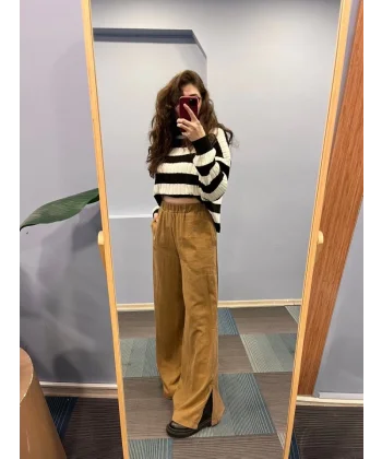 Keten Bel asti̇kli̇ Yirtmaç Detayli Pantolon