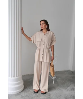 KETEN BELDEN BÜZGÜ DETAYLI GÖMLEK - PANTOLON TAKIM - Bej