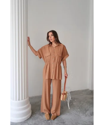 KETEN BELDEN BÜZGÜ DETAYLI GÖMLEK - PANTOLON TAKIM - Kahverengi