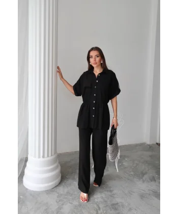 KETEN BELDEN BÜZGÜ DETAYLI GÖMLEK - PANTOLON TAKIM - Siyah