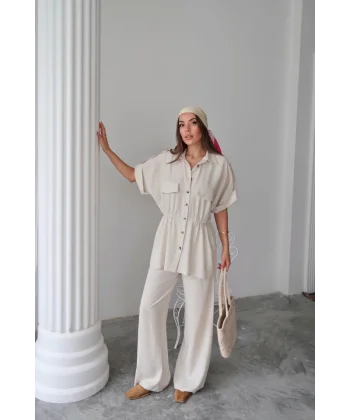 KETEN BELDEN BÜZGÜ DETAYLI GÖMLEK - PANTOLON TAKIM - Taş