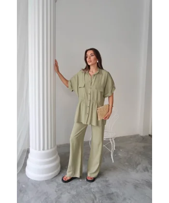 KETEN BELDEN BÜZGÜ DETAYLI GÖMLEK - PANTOLON TAKIM - Yeşil