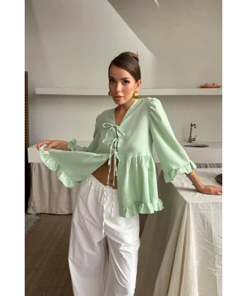 KETEN BLUZ ÖNDEN BAĞLAMALI FIRFIR DETAYLI - Yeşil