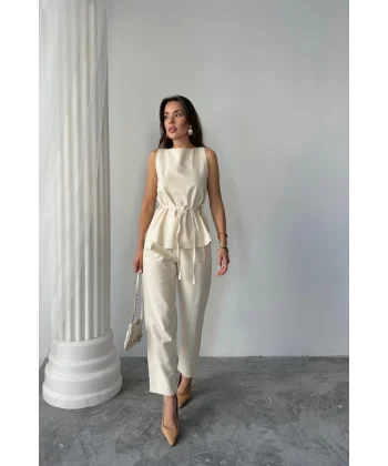 KETEN BLUZ - PANTOLON TAKIM MASSİMO MODEL SCREAT KUMAŞ - Bej