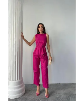 KETEN BLUZ - PANTOLON TAKIM MASSİMO MODEL  SCREAT KUMAŞ - Fuşya