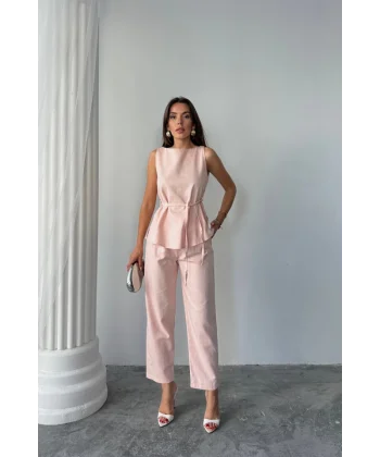 KETEN BLUZ - PANTOLON TAKIM MASSİMO MODEL  SCREAT KUMAŞ - Pudra