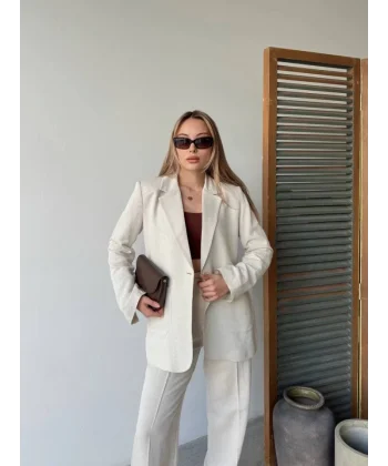 Keten Ceket Pantolon Ikili Takım - Beyaz