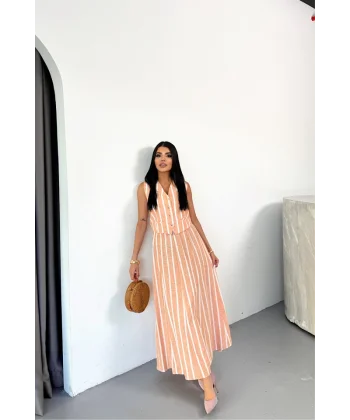 KETEN ÇİZGİLİ YELEK - UZUN ETEK TAKIM - Orange