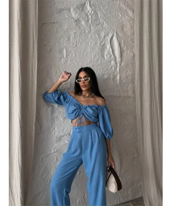 KETEN CROP BUZ BÜZGÜ YAKA + PANTOON TAKI  avi