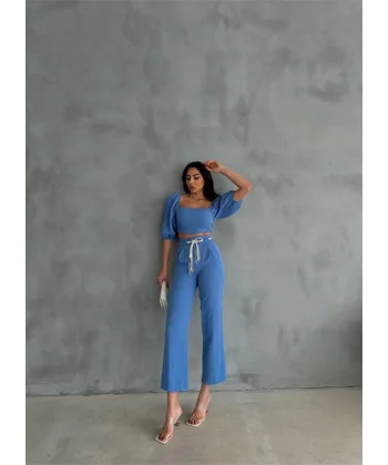 KETEN CROP KARPUZ KOL BLUZ-PANTOLON HASIR KEMERLİ - Mavi