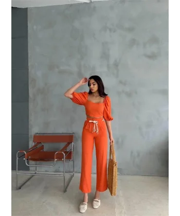 KETEN CROP KARPUZ KOL BLUZ-PANTOLON HASIR KEMERLİ - Orange