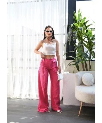 Keten Düğme Detayli Dökümlü Palazzo Pantolon