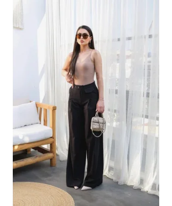 Keten Düğme Detayli Dökümlü Palazzo Pantolon