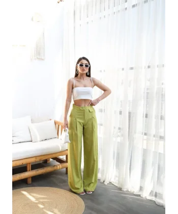 Keten Düğme Detayli Dökümlü Palazzo Pantolon