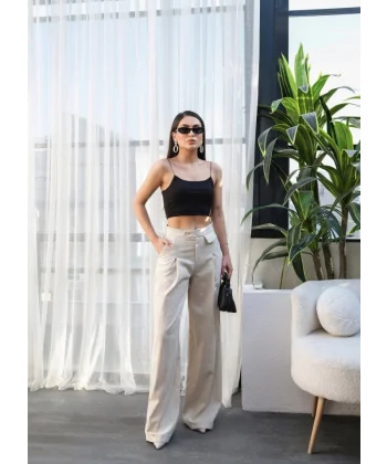 Keten Düğme Detayli Dökümlü Palazzo Pantolon