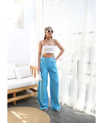 Keten Düğme Detayli Dökümlü Palazzo Pantolon