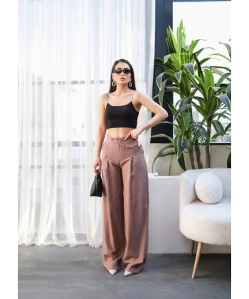 Keten Düğme Detayli Dökümlü Palazzo Pantolon