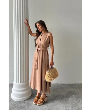 KETEN ELBİSE KOLSUZ BEL BAĞLAMALI MAXİ ELBİSE - Kahverengi