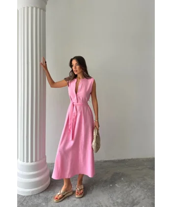 KETEN ELBİSE KOLSUZ BEL BAĞLAMALI MAXİ ELBİSE - Pembe