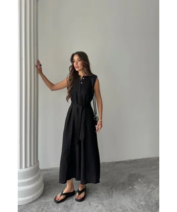 KETEN ELBİSE KOLSUZ BEL BAĞLAMALI MAXİ ELBİSE - Siyah