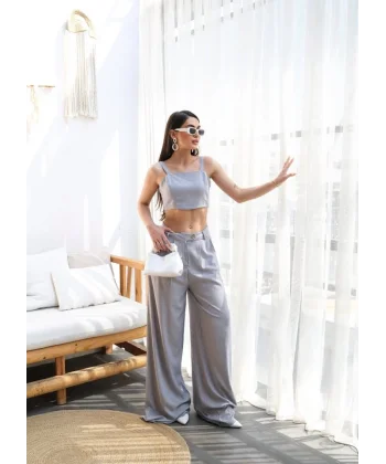 Keten Gi̇peli̇ Crop Ve Pantolon İki̇li̇ Takim