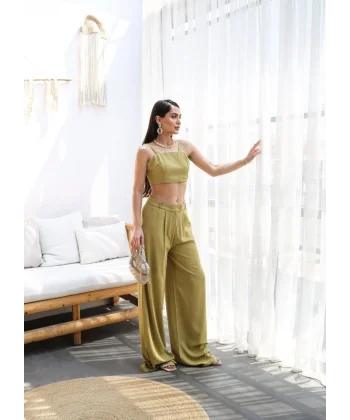 Keten Gi̇peli̇ Crop Ve Pantolon İki̇li̇ Takim