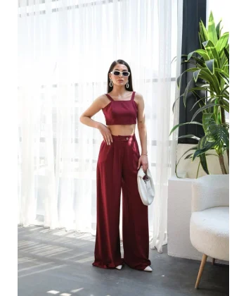 Keten Gi̇peli̇ Crop Ve Pantolon İki̇li̇ Takim