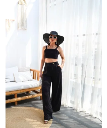 Keten Gi̇peli̇ Crop Ve Pantolon İki̇li̇ Takim