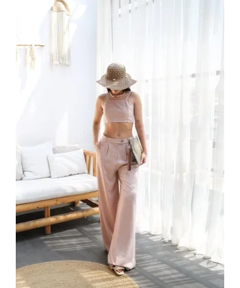 Keten Gi̇peli̇ Crop Ve Pantolon İki̇li̇ Takim
