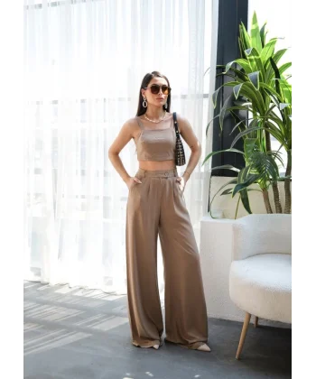 Keten Gi̇peli̇ Crop Ve Pantolon İki̇li̇ Takim