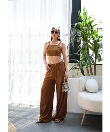 Keten Gi̇peli̇ Crop Ve Pantolon İki̇li̇ Takim