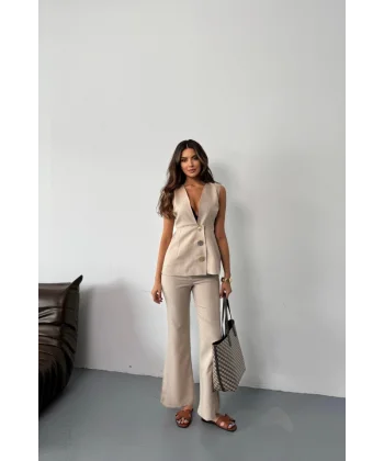 KETEN GOLD DÜĞMELİ YELEK - PANTOLON TK - Bej