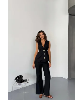 KETEN GOLD DÜĞMELİ YELEK - PANTOLON TK - Siyah